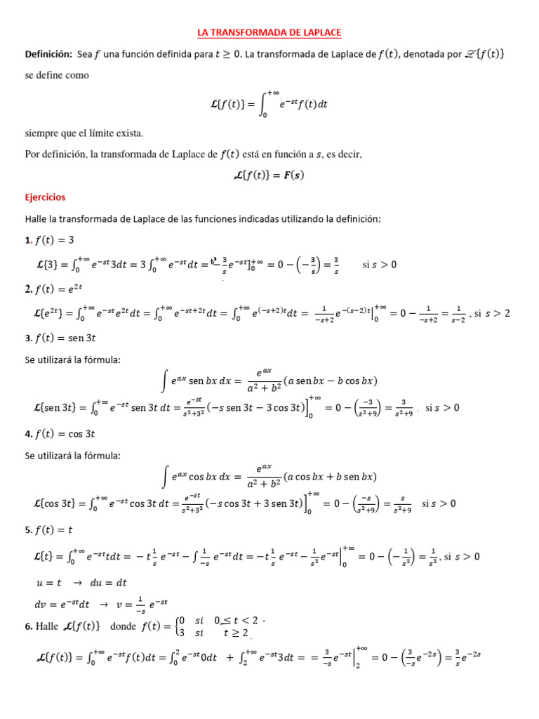 Transformada de Laplace: Definición y Ejercicios | PDF