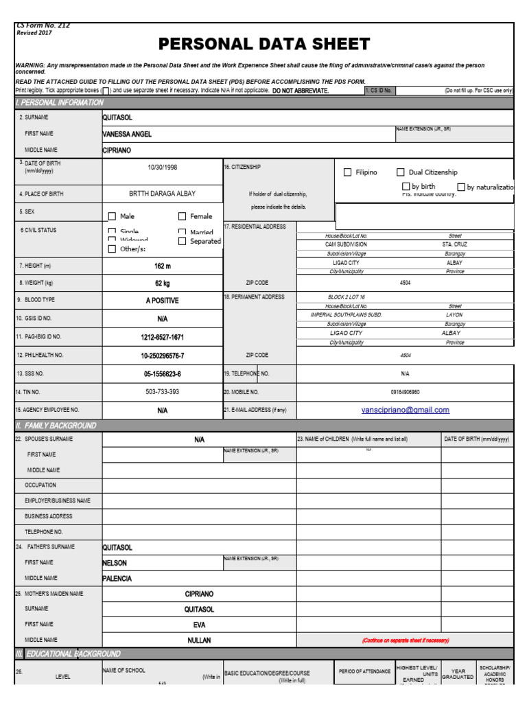 Cs Form No. 212 Revised Personal Data Sheet New PDF Government