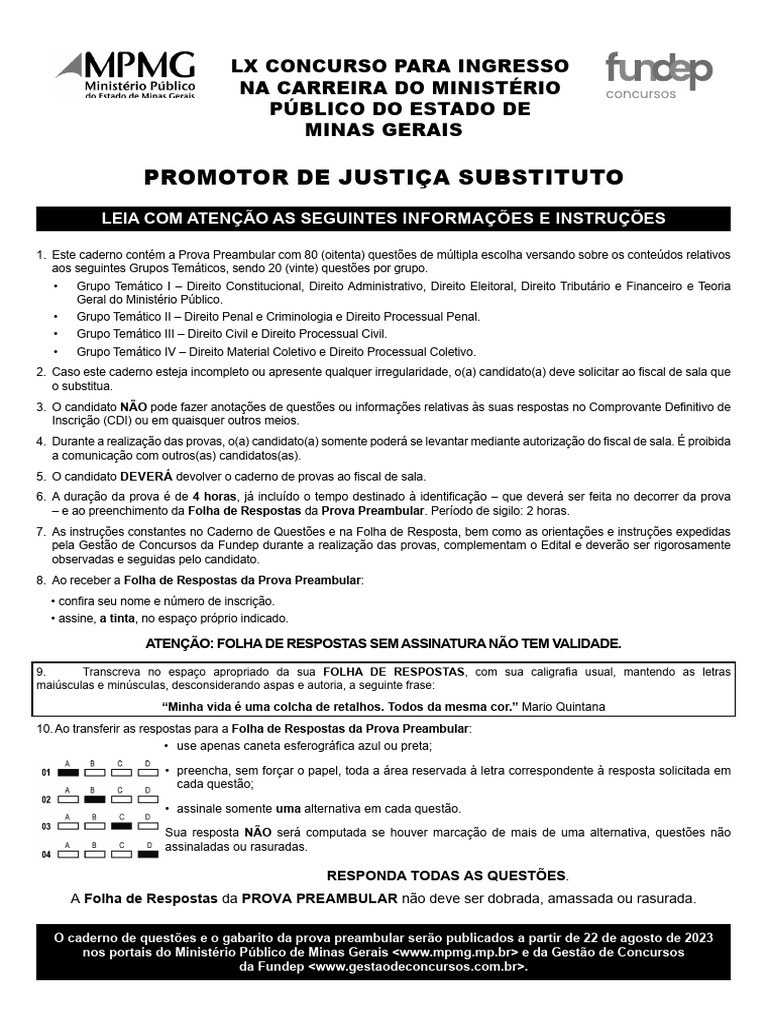 Concurso Promotor de Justiça MG: Prova e Instruções | PDF ...