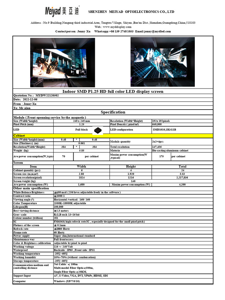 P1.25 LED Video Wall Proposal | PDF | Hdmi | Display Resolution