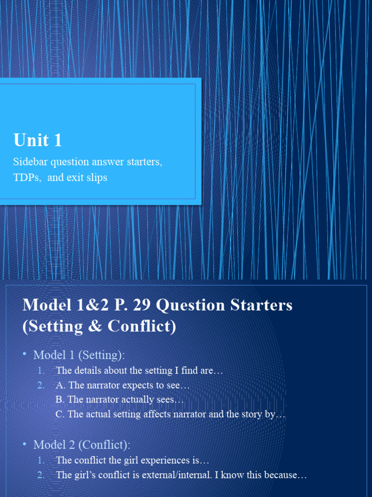 Unit 1 Sidebar Question Answer Starters, TDPS, and Exit Slips PDF Plot (Narrative)