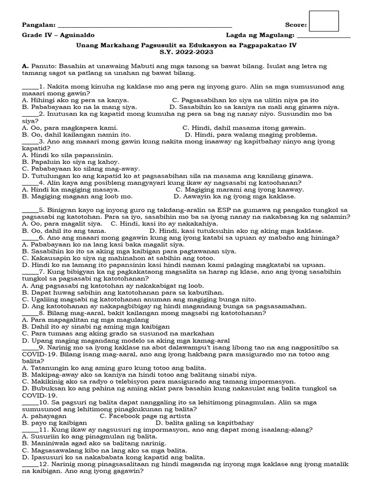No header periodic test in esp pdf