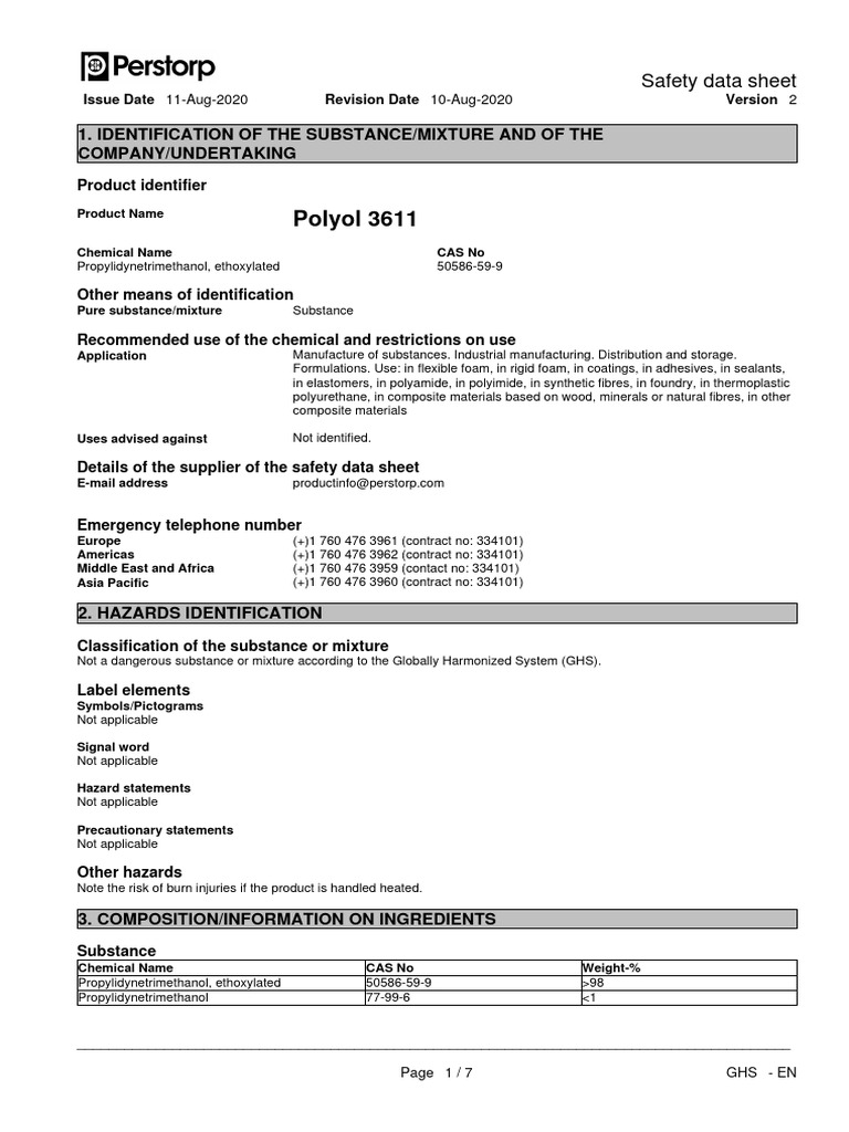Polyol 3611 Safety Data Sheet | PDF | Toxicity | Chemistry