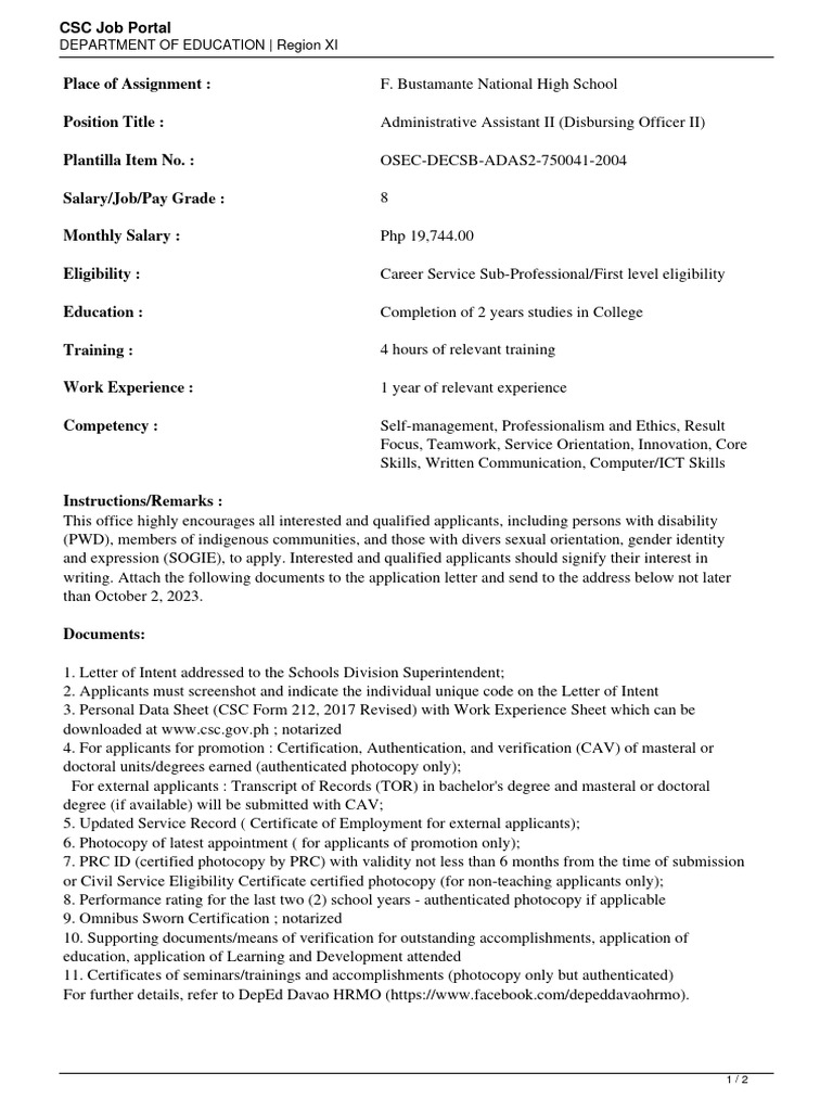 DepEd Administrative Assistant II Job Description | PDF