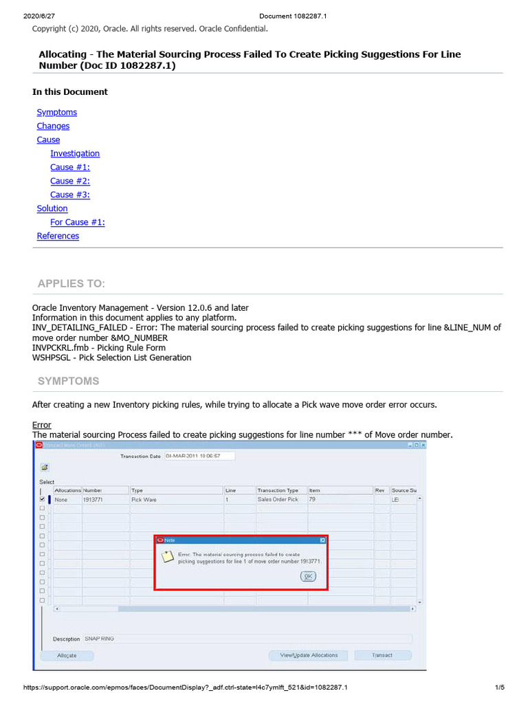 Allocating the material sourcing process failed to create picking