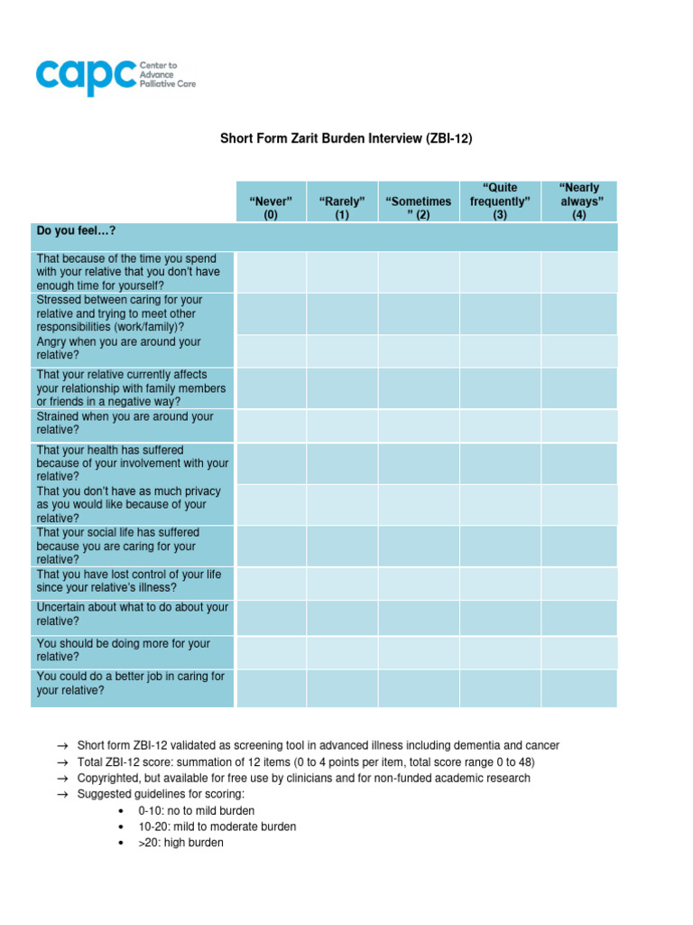 Short Form Zarit Burden Interview Guide | PDF