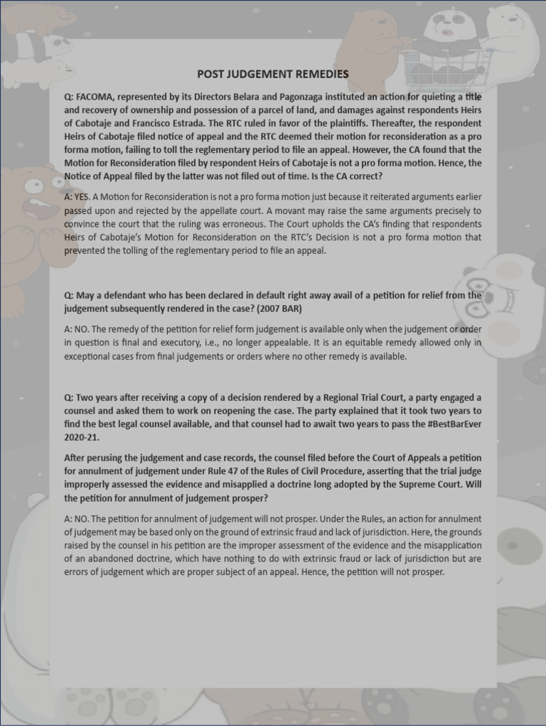 Civil Procedure Bar Questions PDF Certiorari Foreclosure