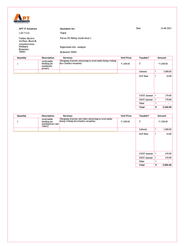 Price Quotation For Services Apt It PDF Government Finances