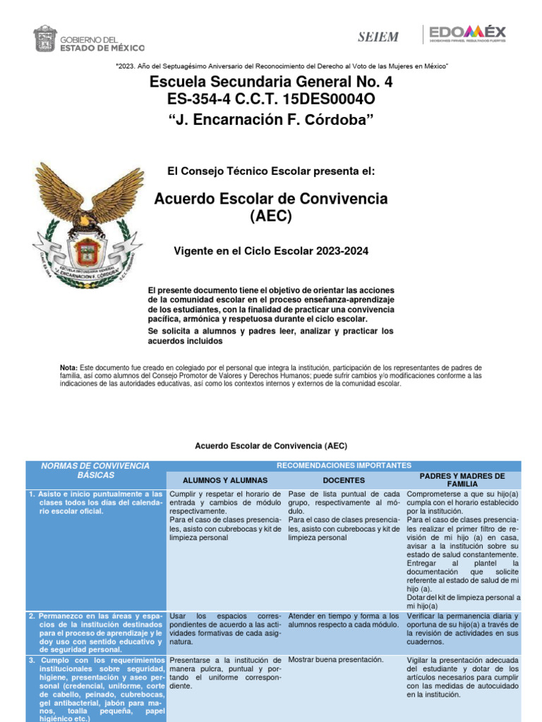Acuerdo Escolar de Convivencia 2023-2024 | PDF | Maestros | Comportamiento