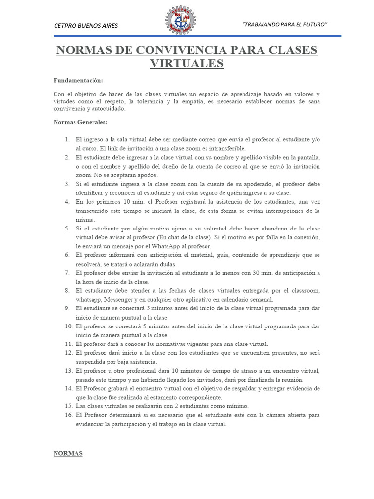 Normas De Convivencia Para Clases Virtuales Cetpro Pdf Maestros