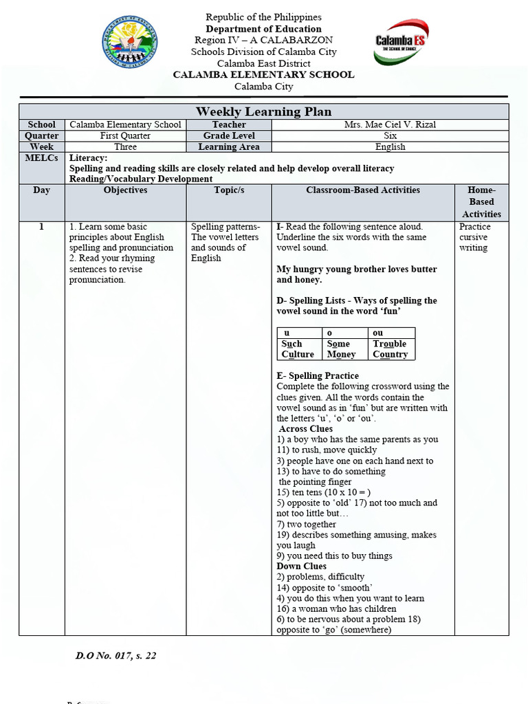 Weekly English Learning Plan for Grade 6 | PDF | Crossword | English ...