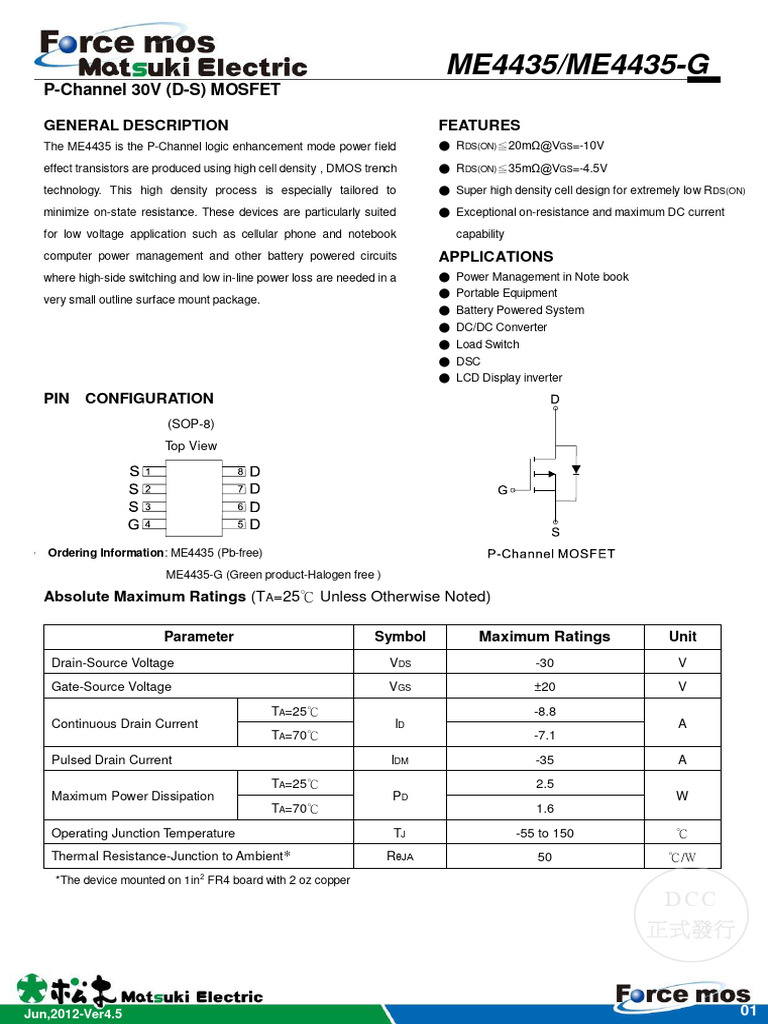 30V P-Channel MOSFET ME4435 Specs | PDF | Field Effect Transistor | Mosfet