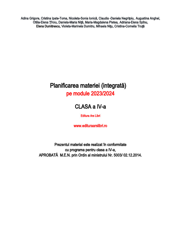 Planificarea Pe Module Cls 4 Ars Libri 2023-2024 | PDF