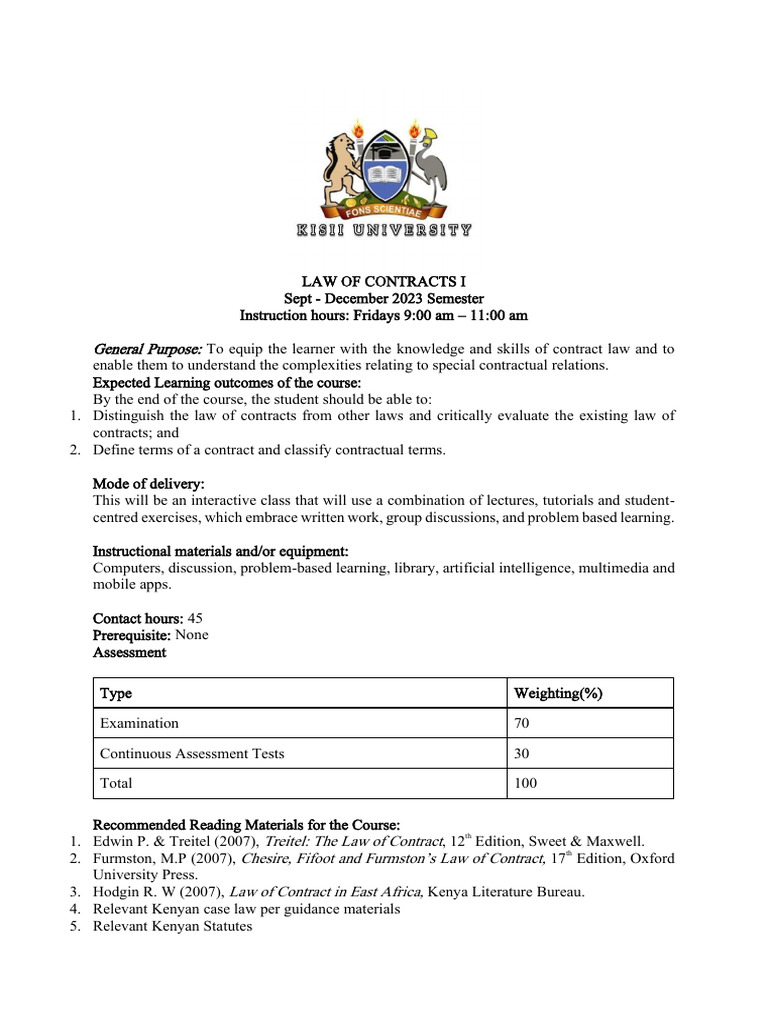 Contract Law Course Outline - Kenya | PDF
