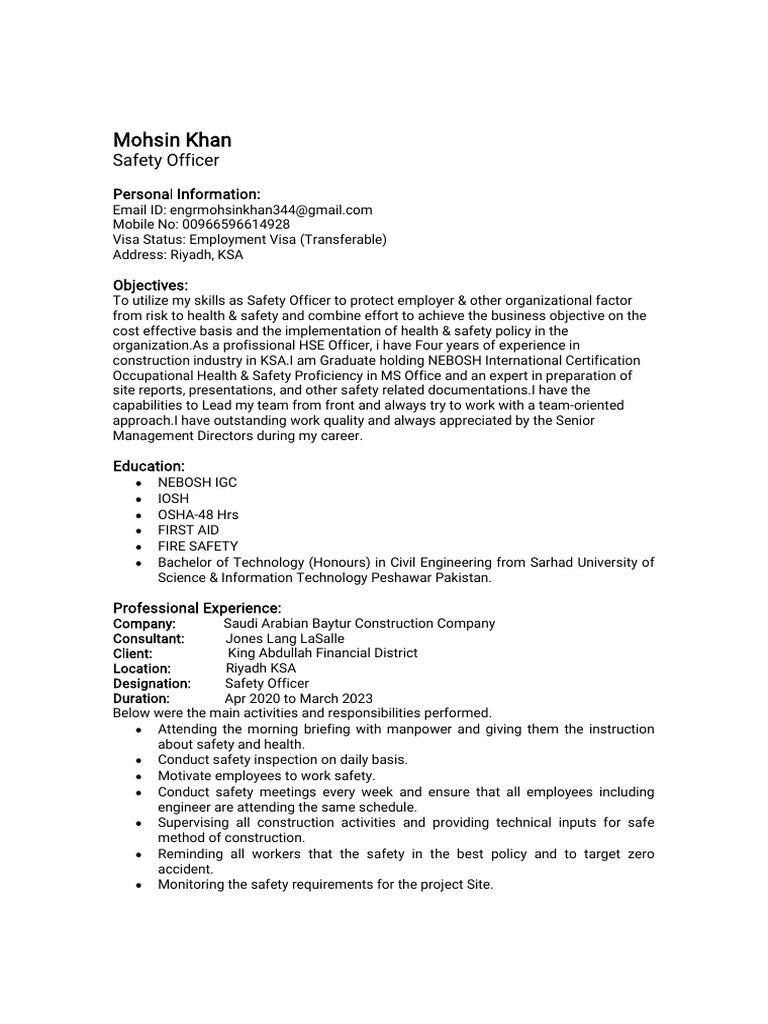 Mohsin Khan Safety Officer CV | PDF | Occupational Safety And Health ...