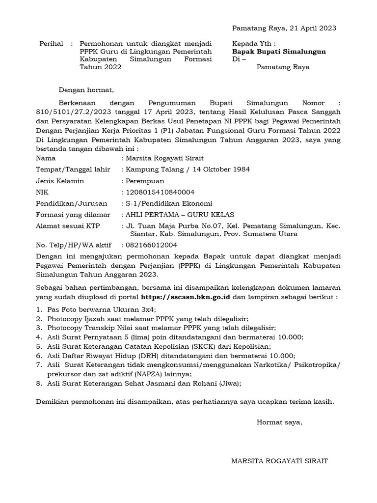Contoh surat lamaran pppk guru 2023 pdf