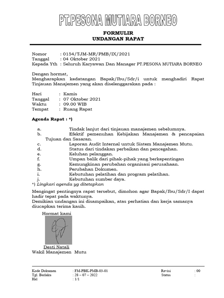 Undangan Rapat Tinjauan Manajemen (FM-01) | PDF