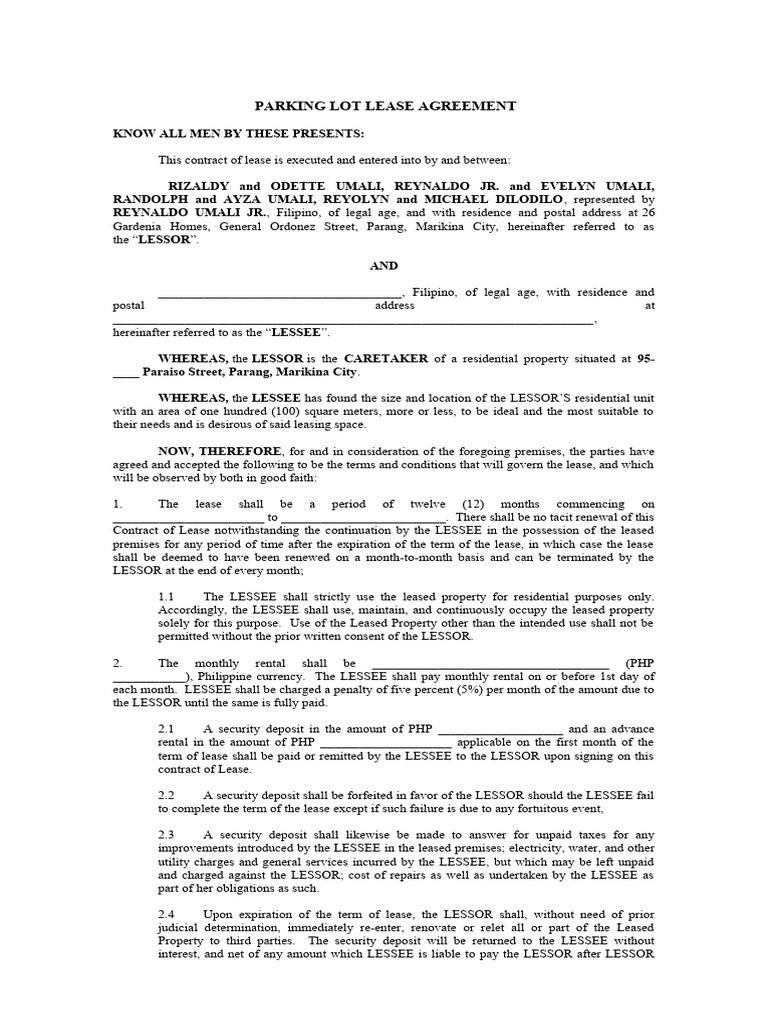 Molave Parking Lot Lease Contract | PDF | Lease | Renting