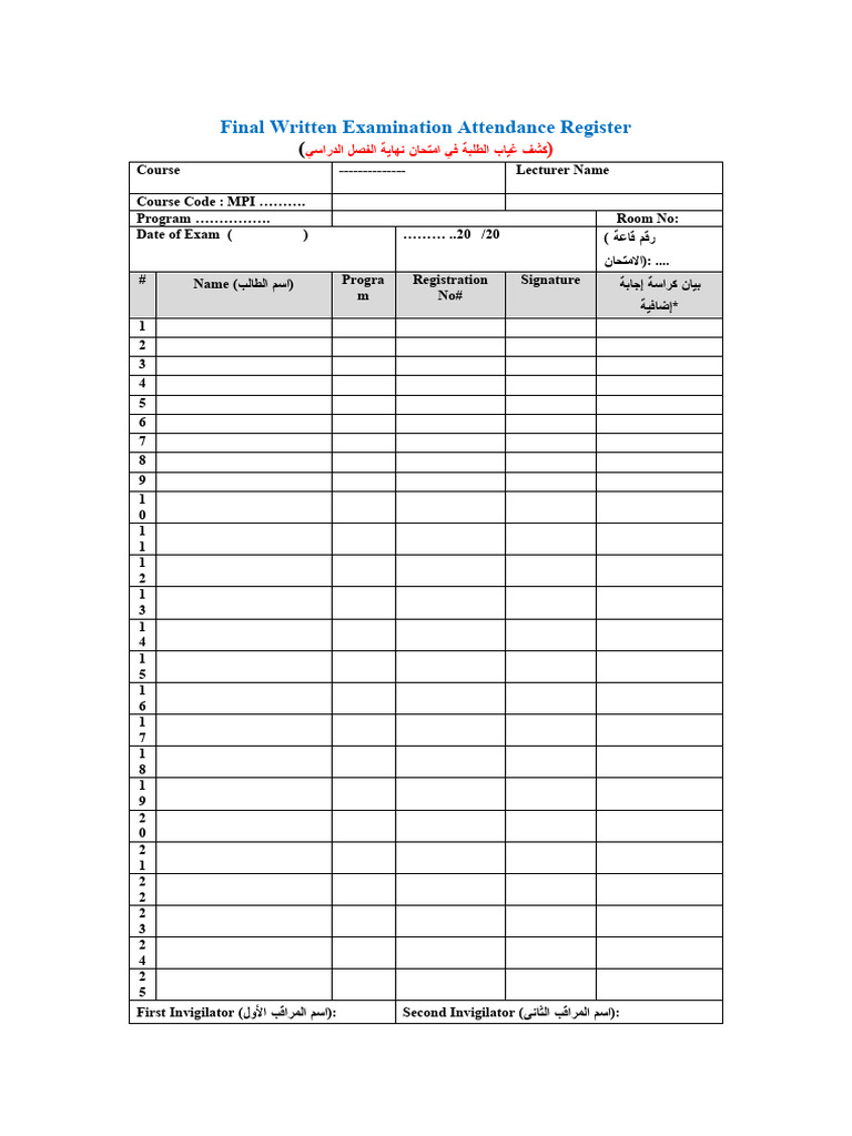 PGQMS 6 - 3 Final Written Examination Attendance Register | PDF
