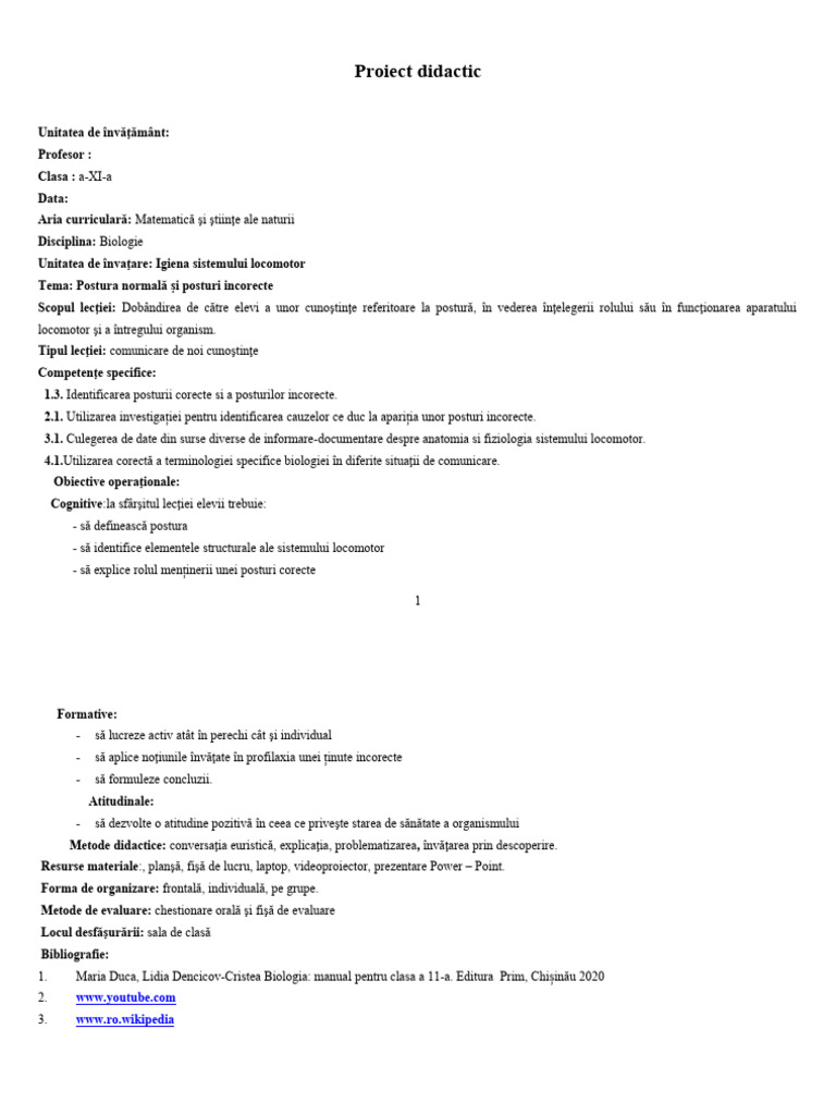 Proiect - Didactic - POSTURA CORECTA SI POSTURI INCORECTE | PDF
