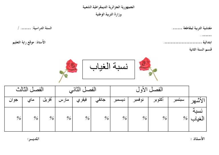 نسبة الغياب و الحضور معلقات السنة الثانية ابتدائي موقع راية التعليم | PDF