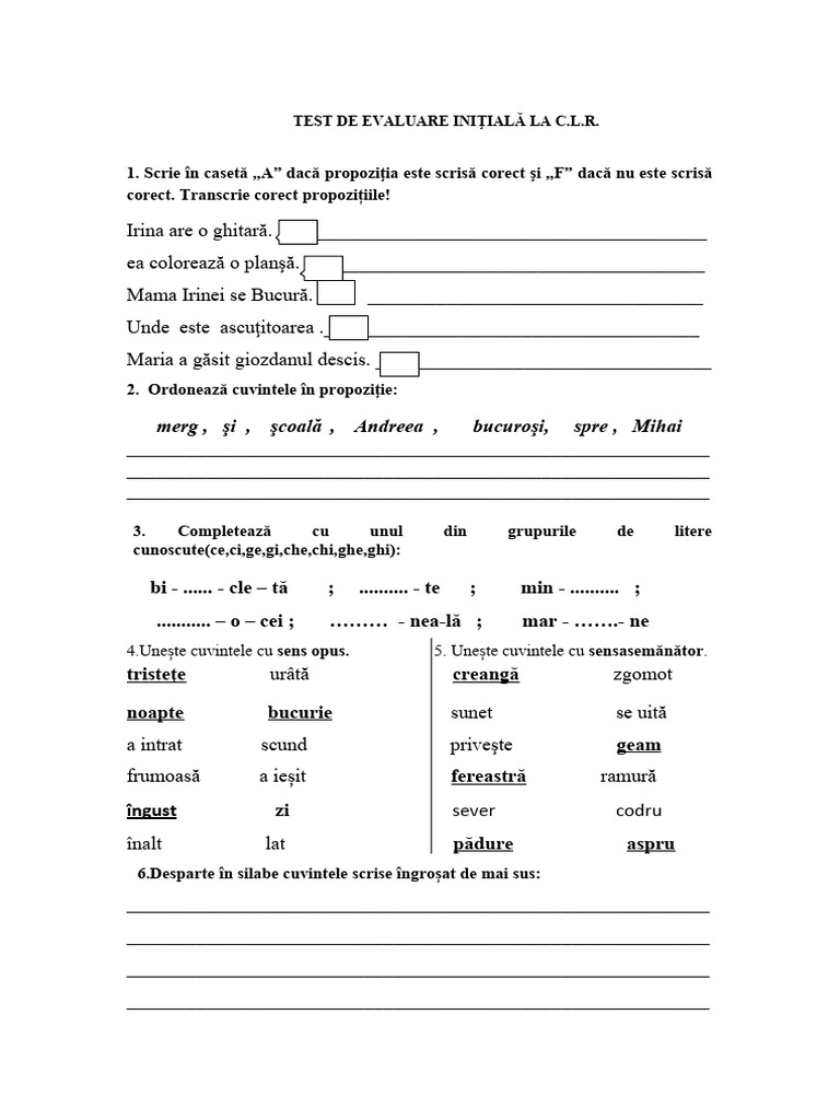 Test Initial CLR Clasa A Iia | PDF