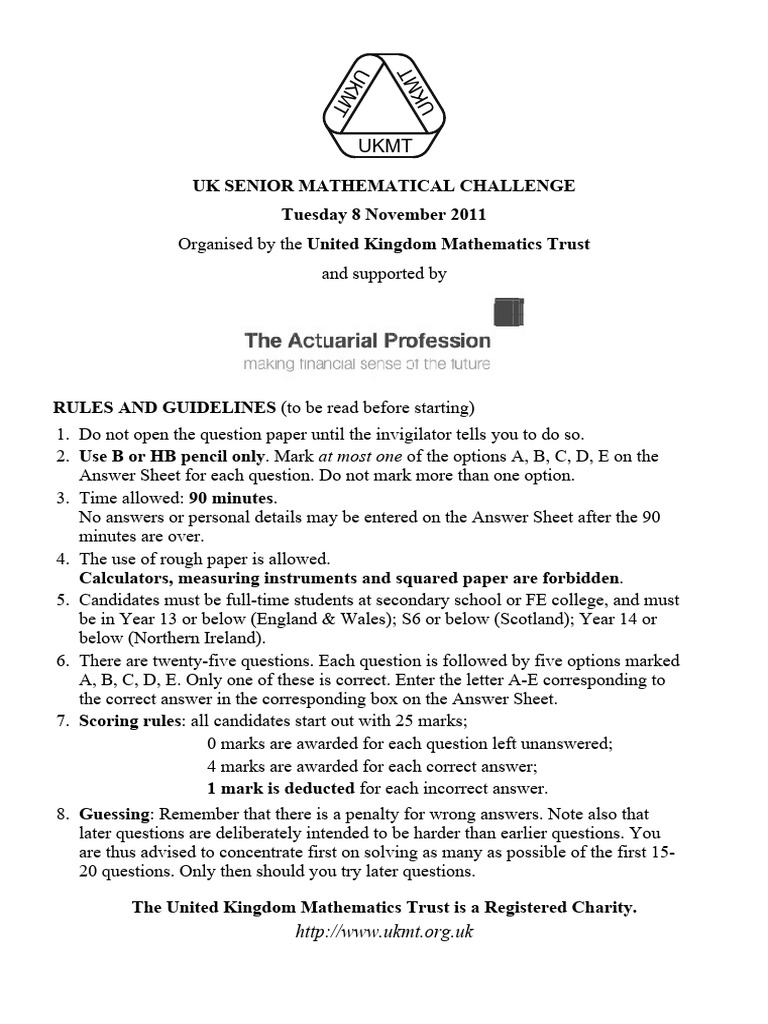 UKMT Senior Maths Challenge 2011 Paper | PDF | Area | Triangle