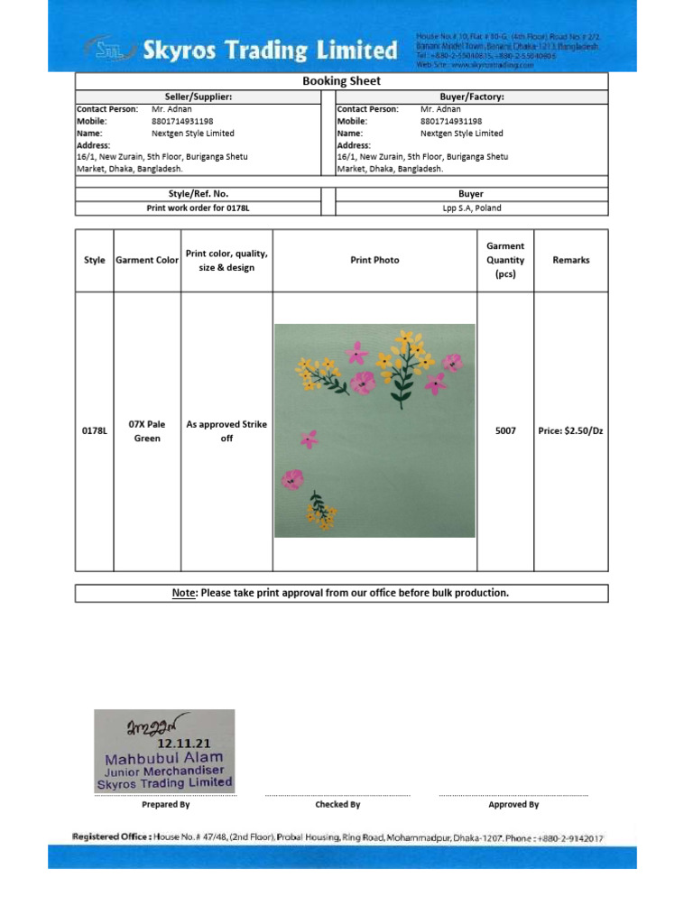 Nextgen Style Ltd. Work Order Format | PDF