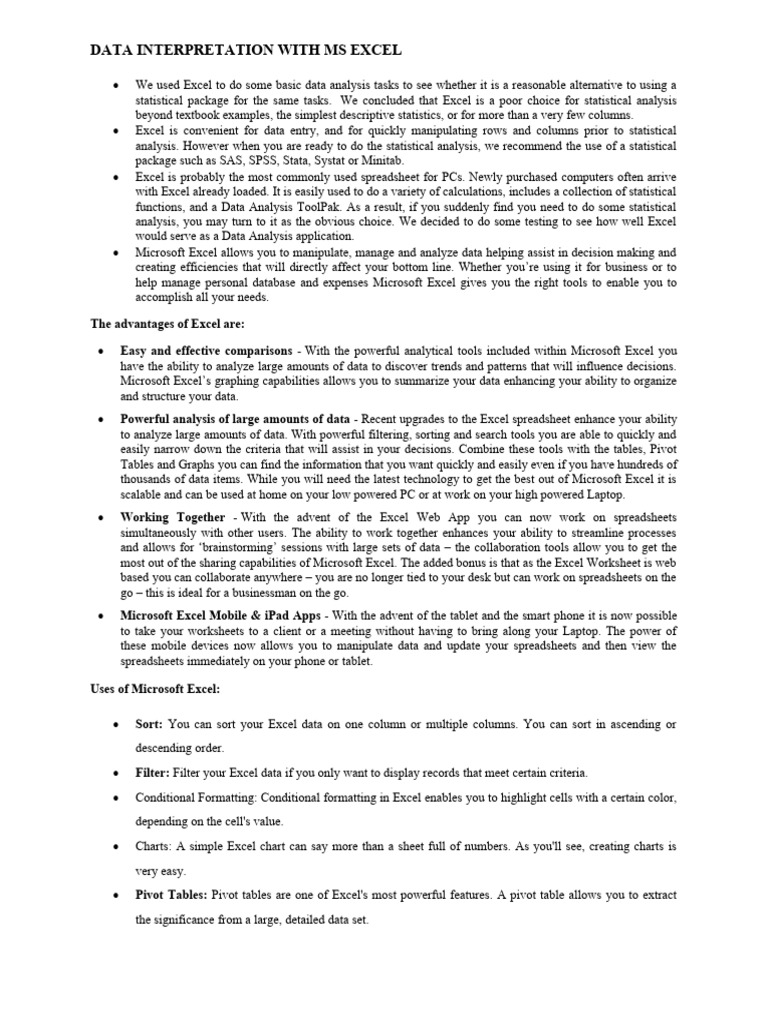 Excel for Data Interpretation Analysis | PDF | Microsoft Excel ...