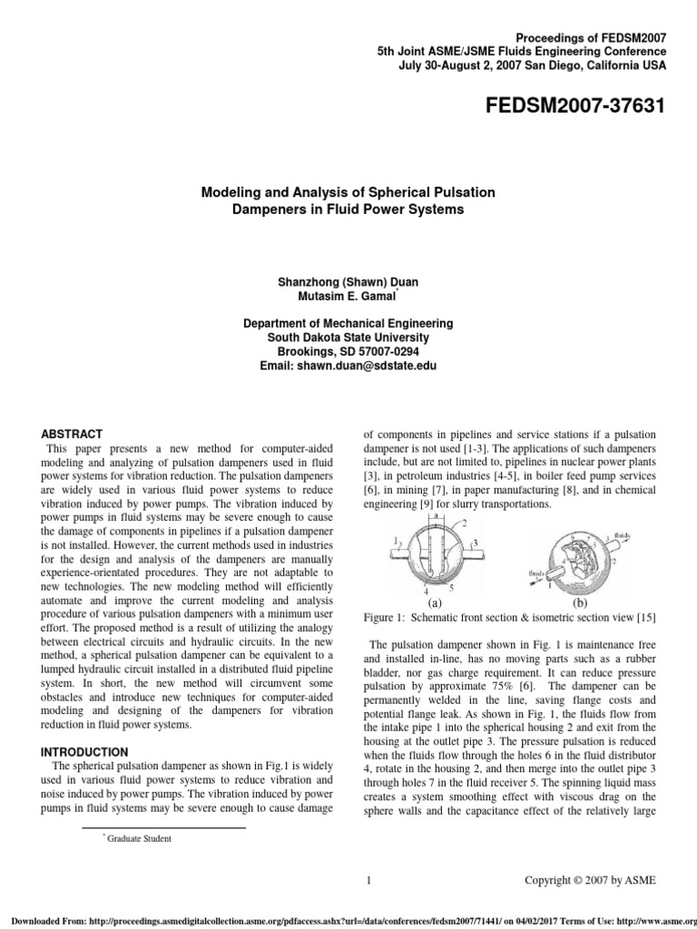 Modeling and Analysis of Spherical Pulsation Dampeners in Fluid Power Systems PDF Pump