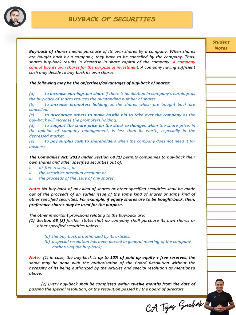 Buyback of Securities Overview | PDF | Share Repurchase | Equity (Finance)