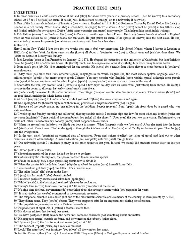 Verb Tenses Practice Test 2023 | PDF