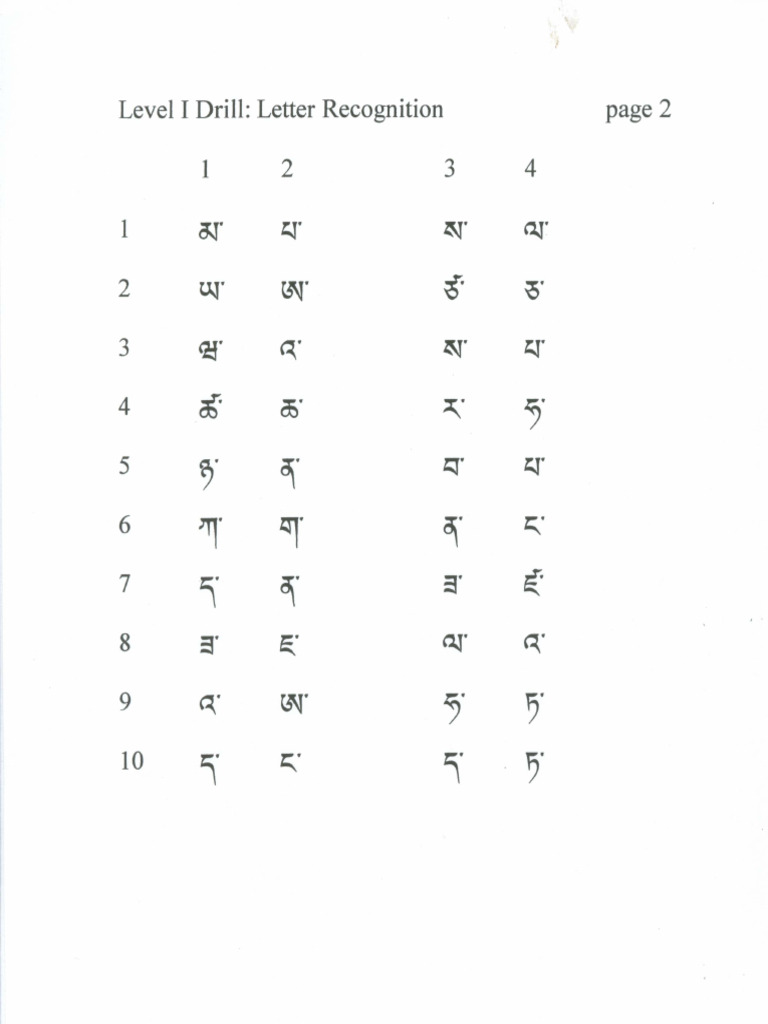 Tibetan Alphabet Recognition Practice Sheet PDF