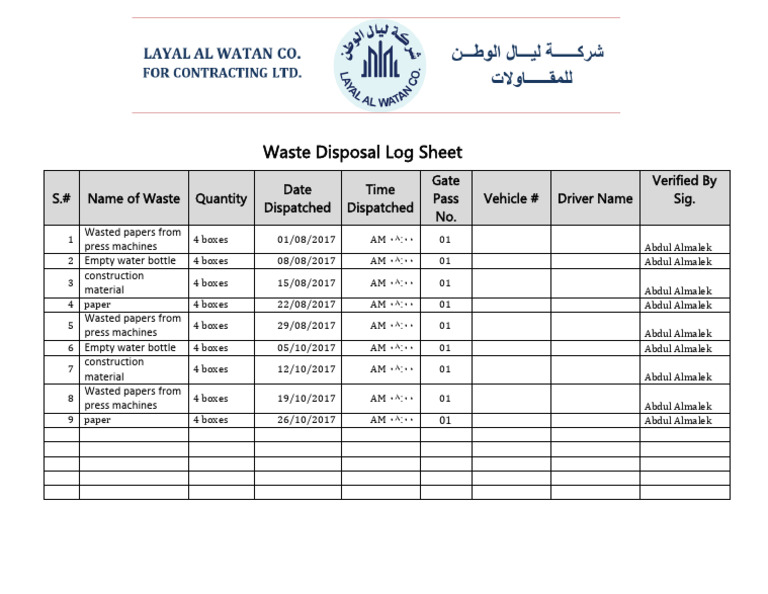 Waste Disposal Log Sheet PDF