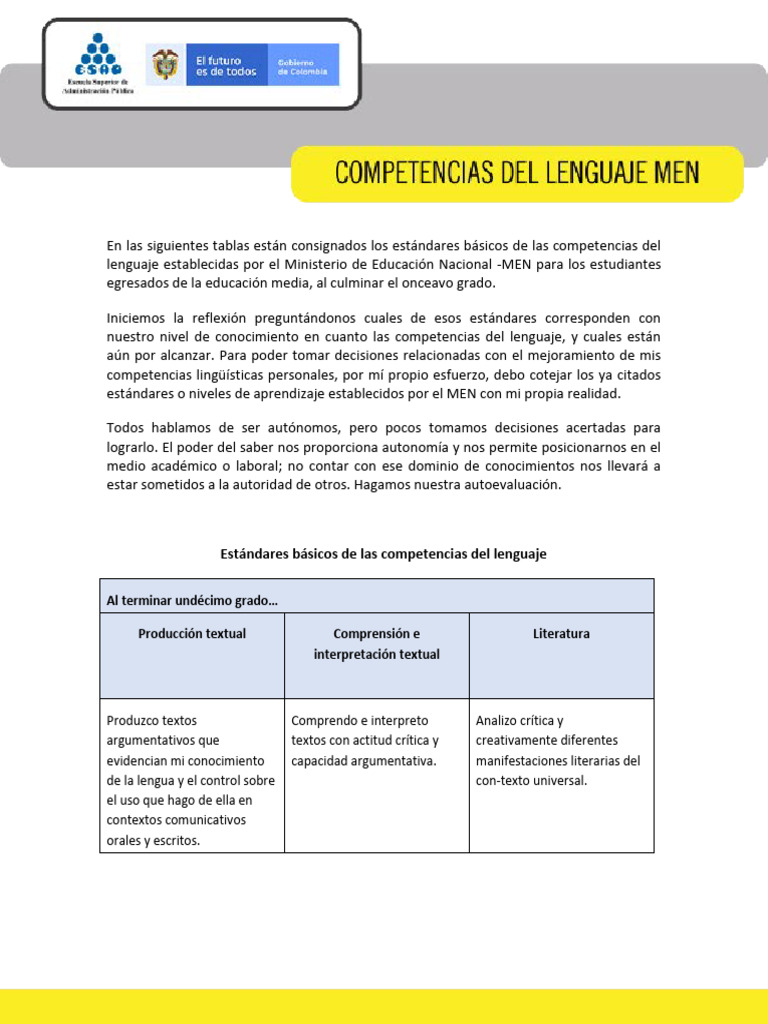 Estándares de Competencias en Lenguaje MEN | PDF | Comunicación ...