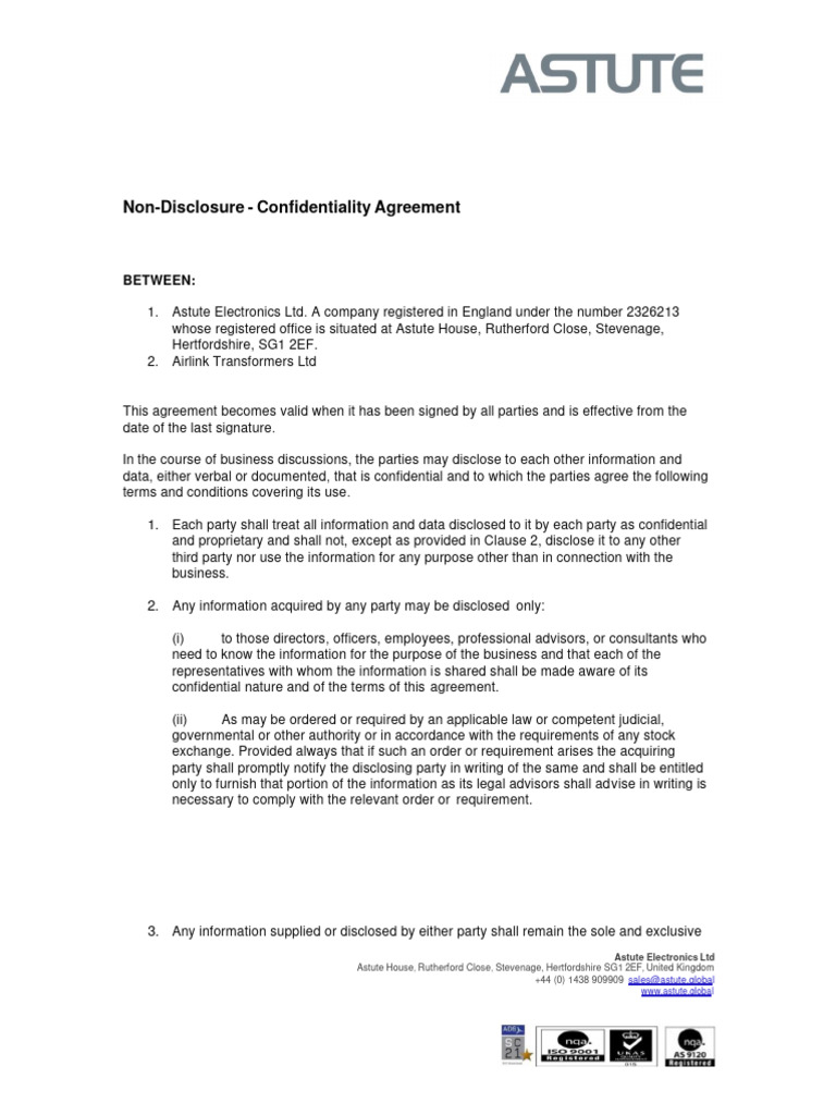 Astute Electronics Non Disclosure - Confidentiality Agreement NDA ...