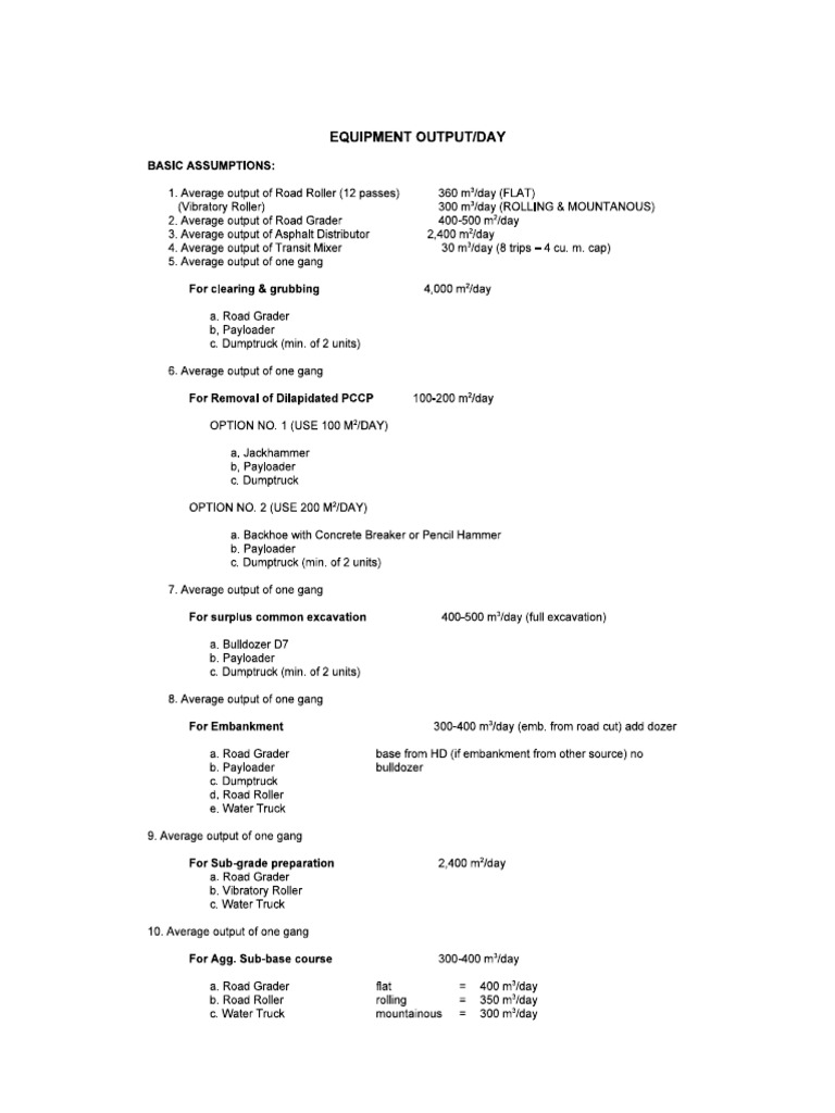 Equipment Productivity Rates PDF