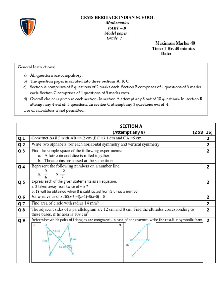 Grade 7 Mathematics Model Paper | PDF | Triangle | Area