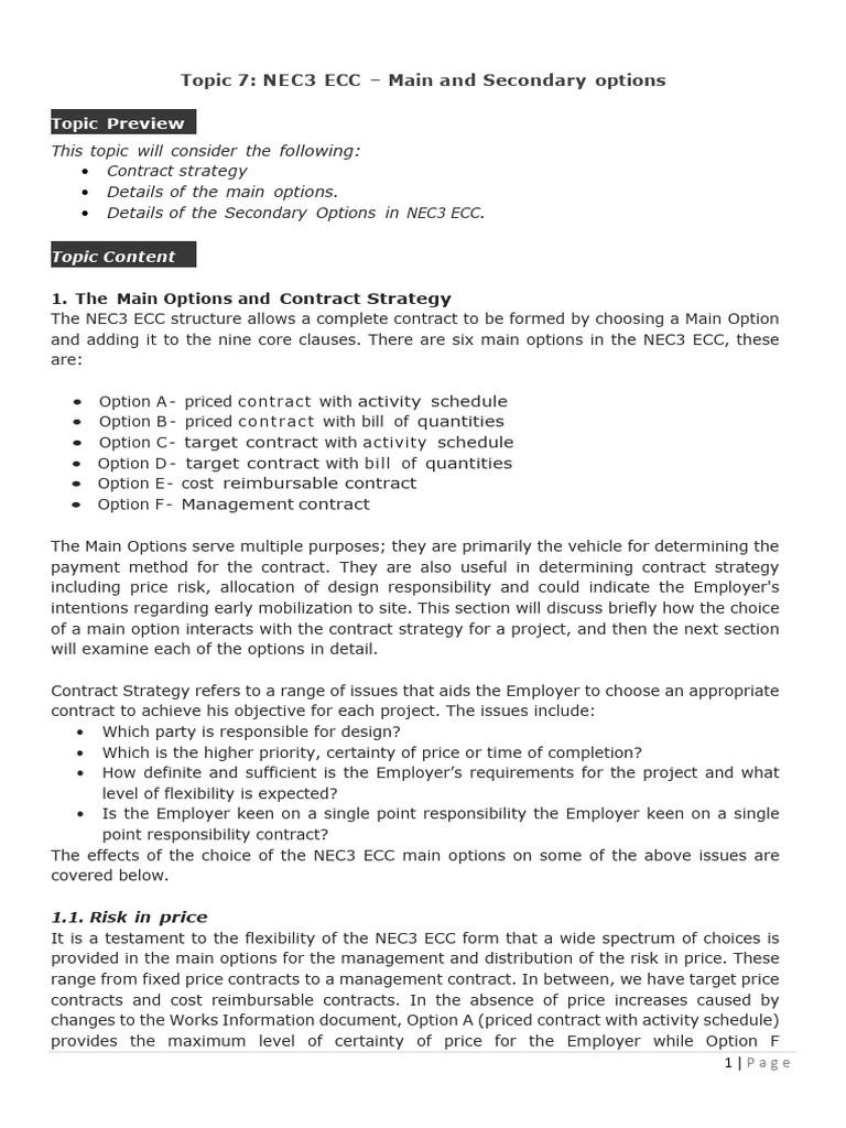 NEC3 ECC Contract Options Guide | PDF | Employment | Option (Finance)