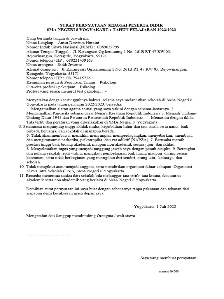 Surat Pernyataan Sebagai Peserta Didik | PDF