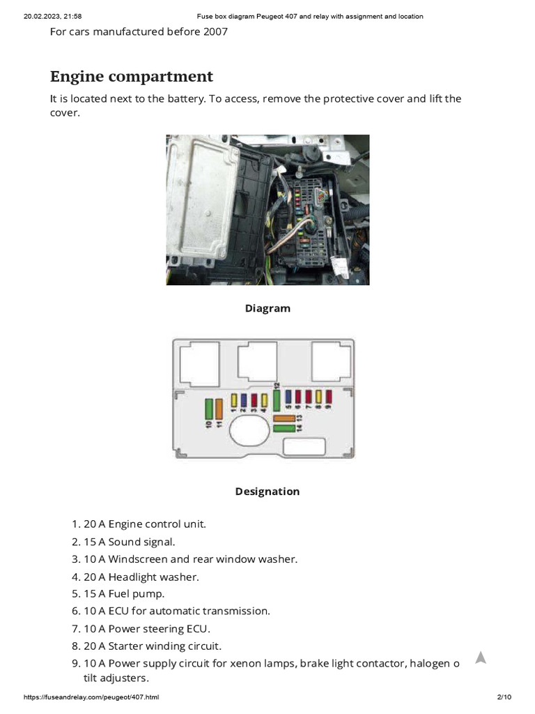 Fuse Box Diagram Peugeot 407 and Relay With Assignment and Location