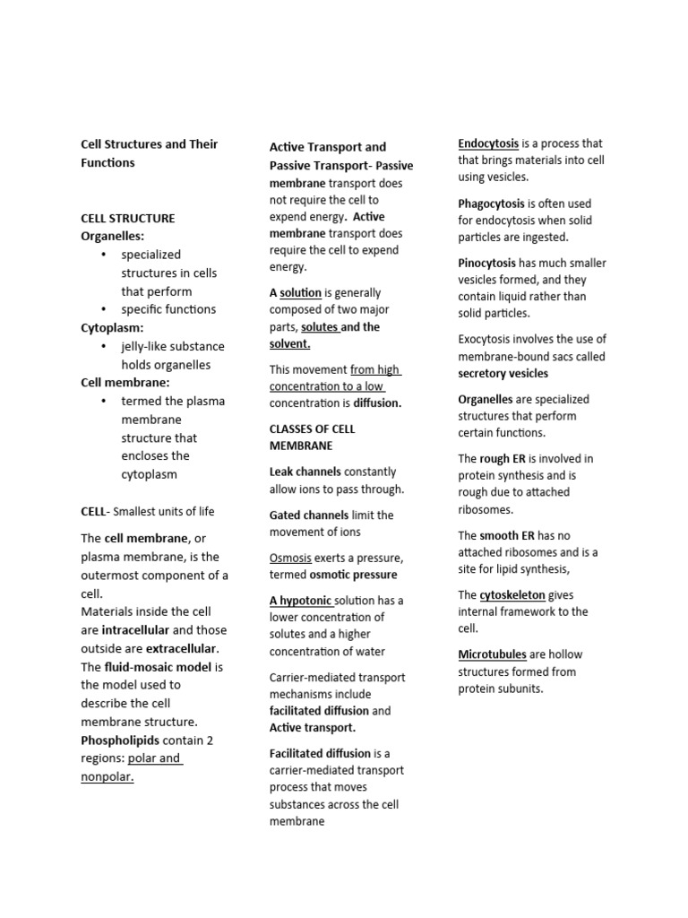 Cell Structures and Their Functions | PDF | Cell Membrane | Cell (Biology)