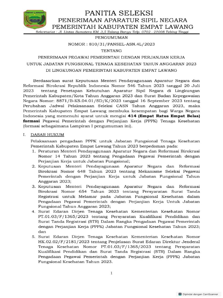Pengumuman Penerimaan Pppk Nakes Dan Lampiran Pdf