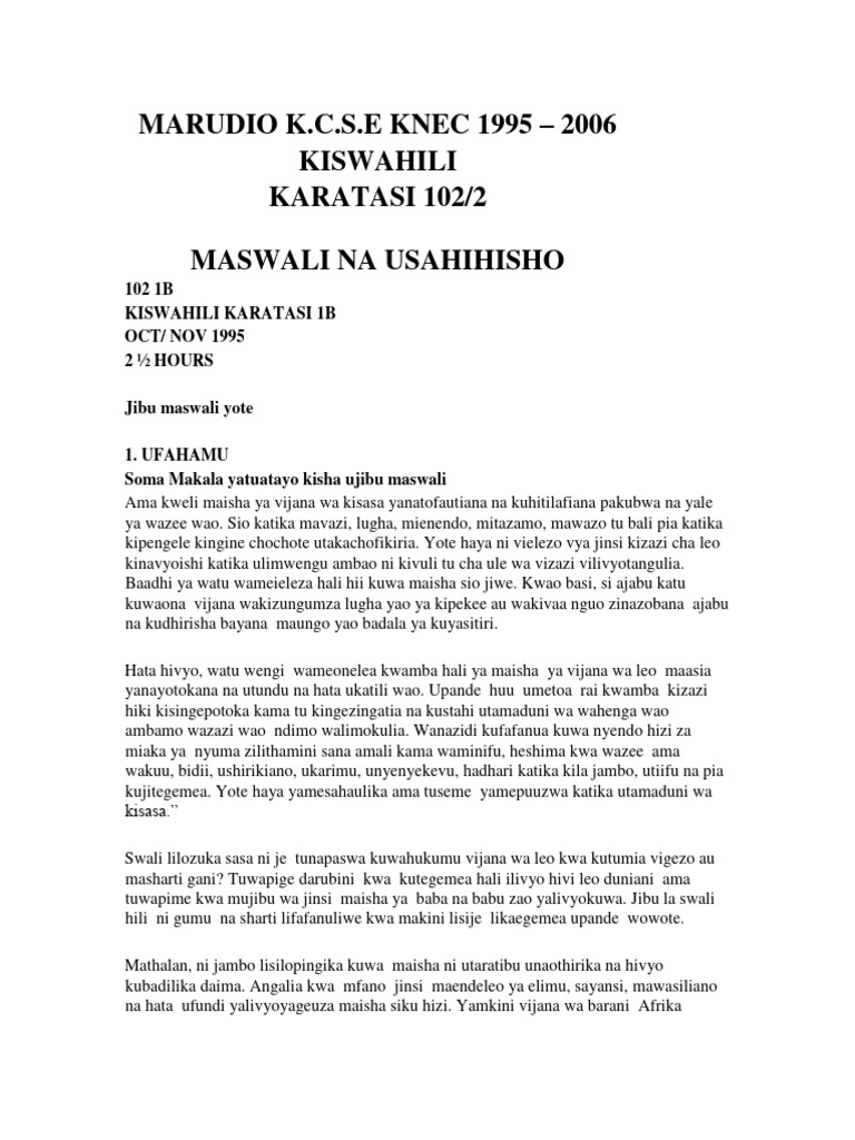 1996 2009 Kcse Kiswahili 1 Pdf
