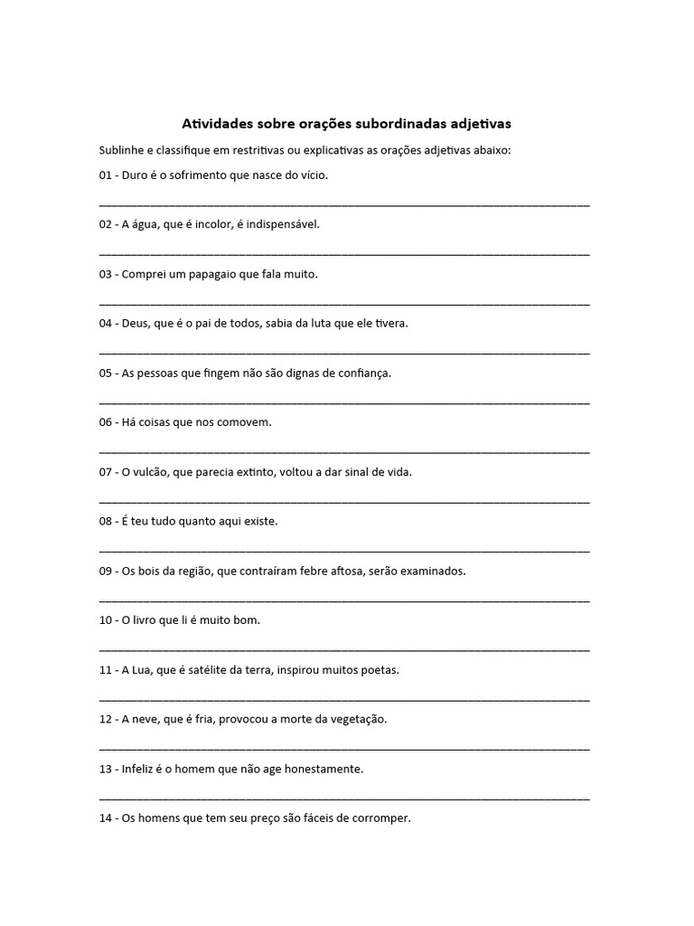 atividades sobre orações subordinadas adjetivas | PDF