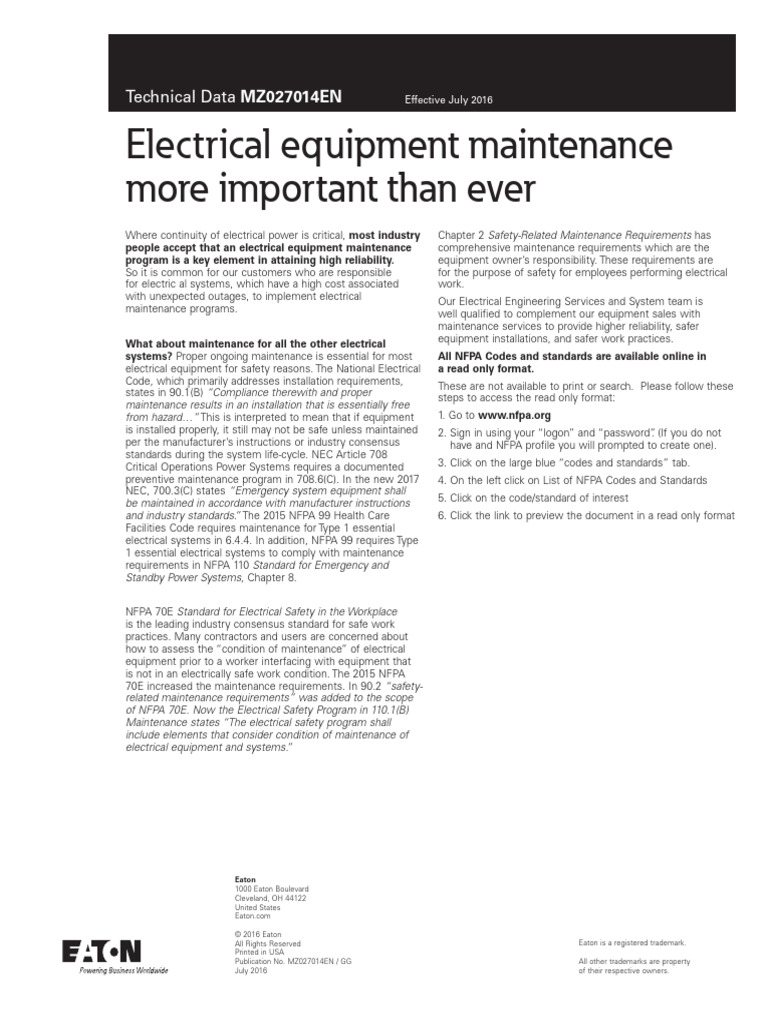 Eess Electrical Equipment Maintenance Technical Data Mz0207014en PDF Safety Reliability