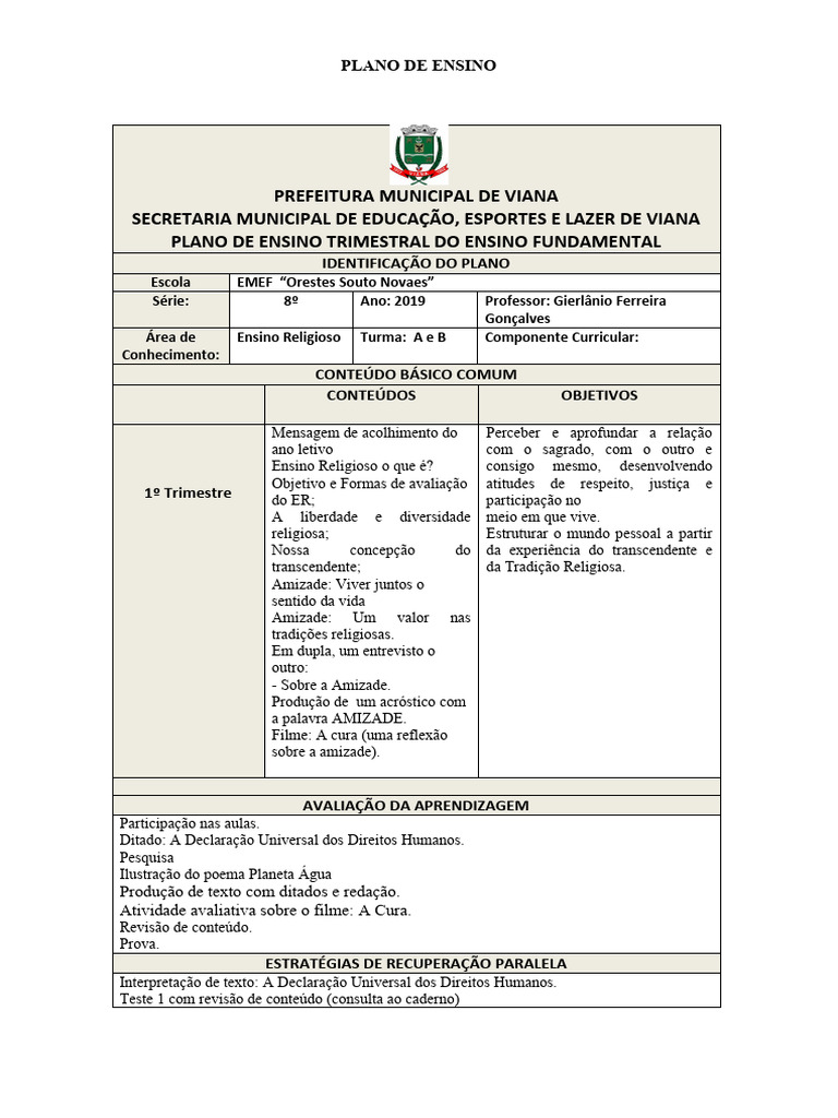 Plano de Ensino 8 Ano 1º | PDF