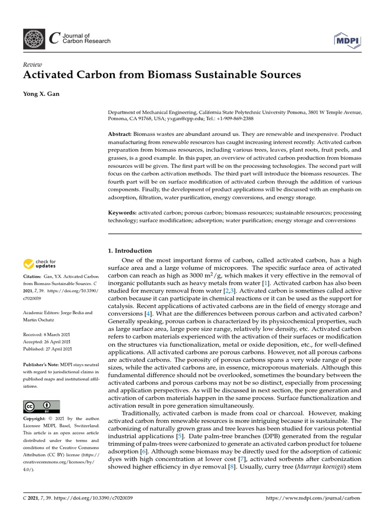 Activated Carbon From Biomass Sustainable Sources | PDF