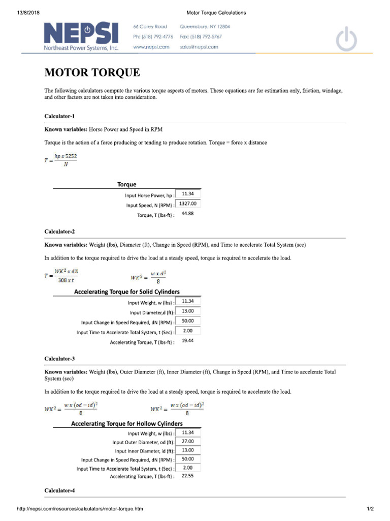Motor Torque Calculations PDF