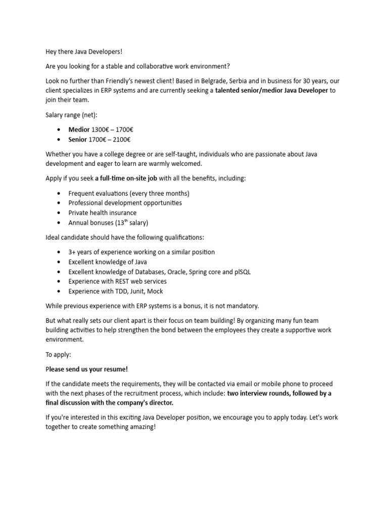 Java Developer Job in Belgrade, Serbia | PDF | Career & Growth